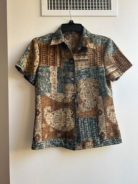 Vintage Patchwork Print Button-Up Blouse
